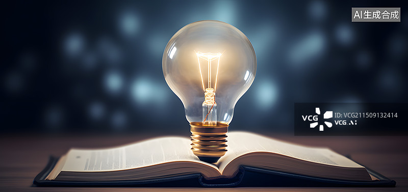 【AI数字艺术】桌子上的书和灯泡的特写镜头图片素材