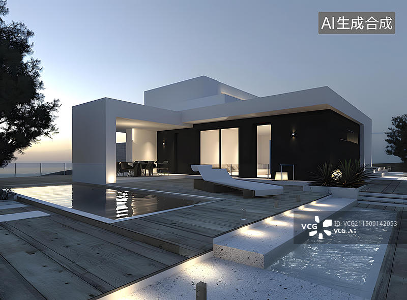 【AI数字艺术】现代极简主义住宅，带游泳池和露台图片素材