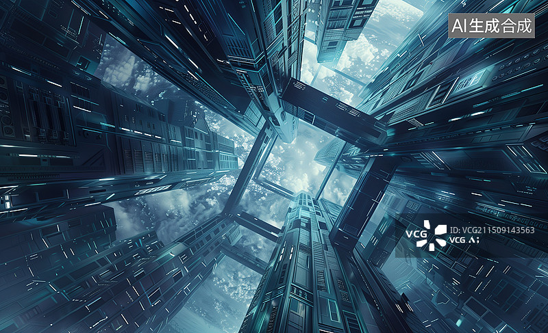 【AI数字艺术】低视角仰望未来科技建筑图片素材