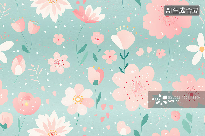 【AI数字艺术】绿色粉色卡通花朵四方连续图案插画背景图片素材