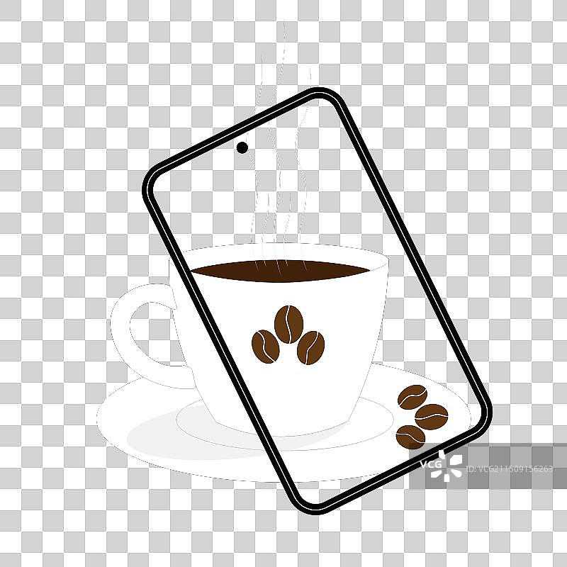 一杯带碟子的白咖啡和一部手机图片素材