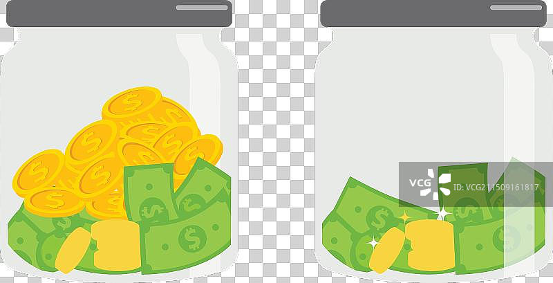 带有递减硬币堆的硬币储蓄罐图片素材