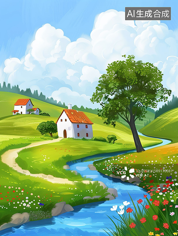 【AI数字艺术】野外的房子 河流图片素材