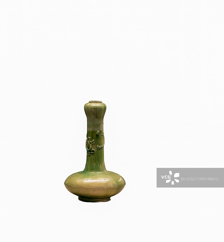 古代瓷器，绿釉贴夔龙纹蒜头瓶图片素材