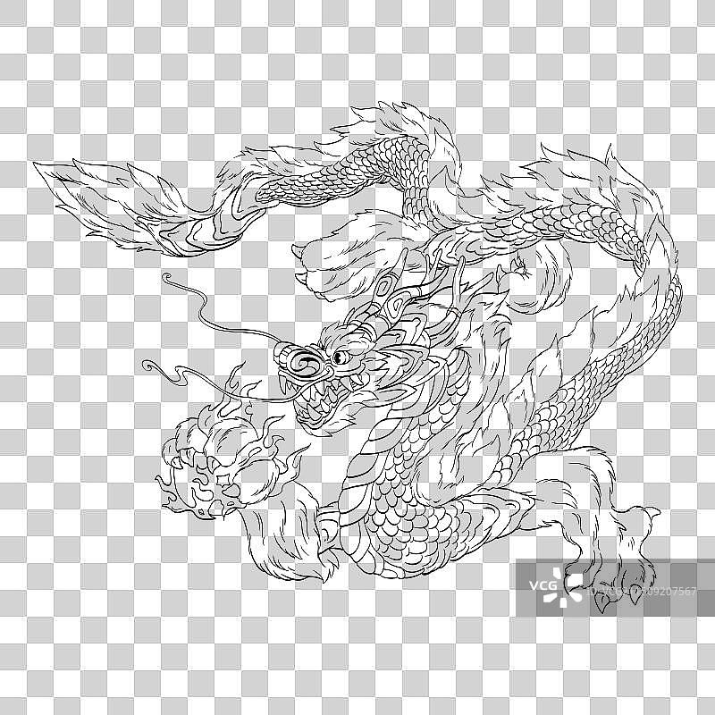 手绘中国龙戏珠草图图片素材