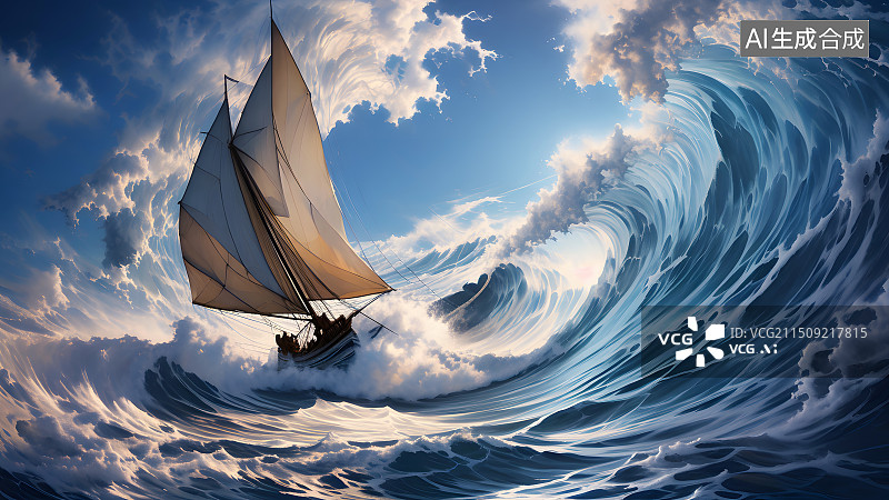 【AI数字艺术】蓝天白云下大海上的帆船，海浪中的帆船图片素材