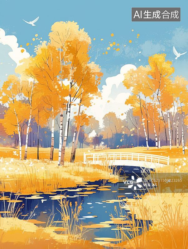 【AI数字艺术】秋日户外风光淡彩扁平风格插画图片素材