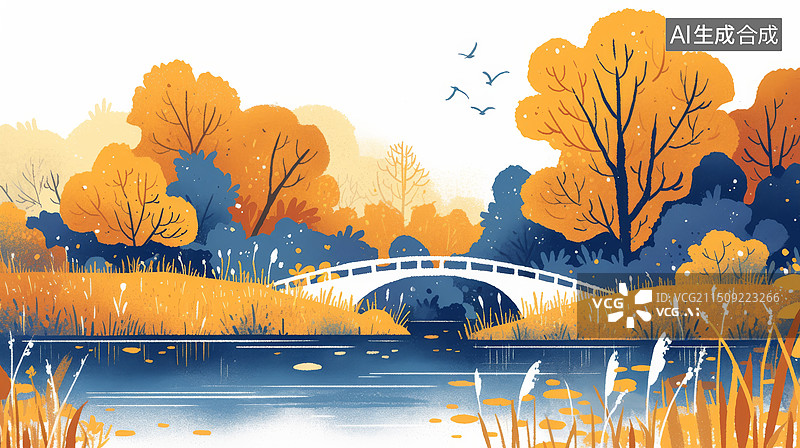 【AI数字艺术】秋日户外风光淡彩扁平风格插画图片素材