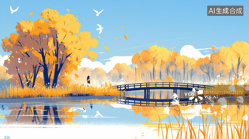 【AI数字艺术】秋日户外风光淡彩扁平风格插画图片素材