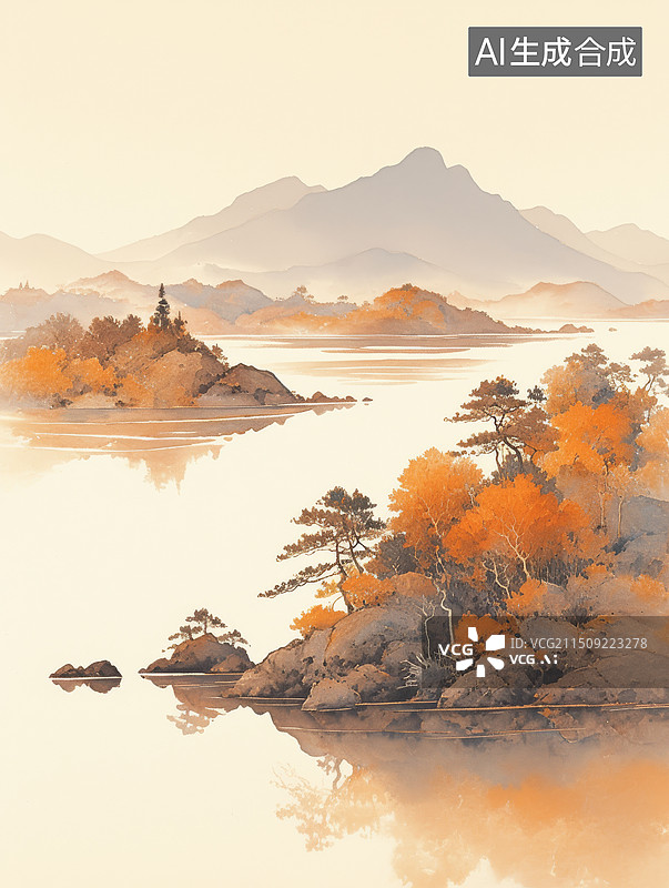 【AI数字艺术】秋天户外山水风光淡彩水墨风格图片素材