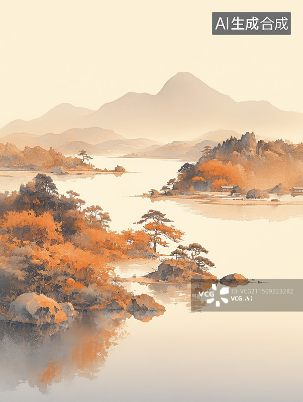 【AI数字艺术】秋天户外山水风光淡彩水墨风格图片素材