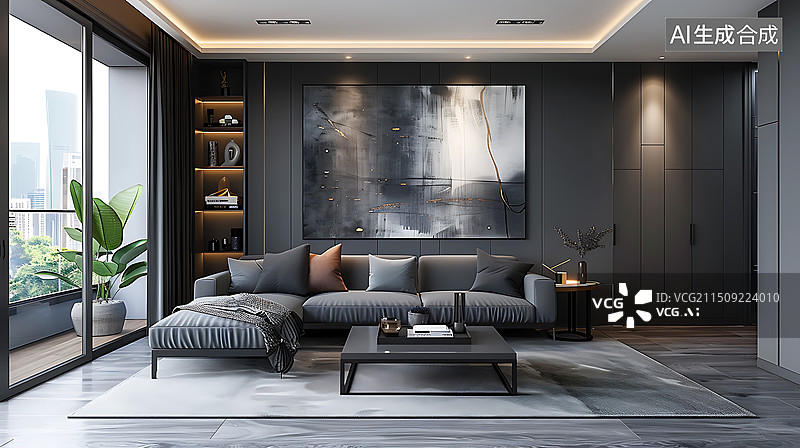 【AI数字艺术】黑灰色调高级感室内设计样板房图片素材