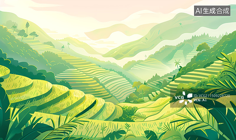 【AI数字艺术】绿色,农业,茶园,自然,插画图片素材