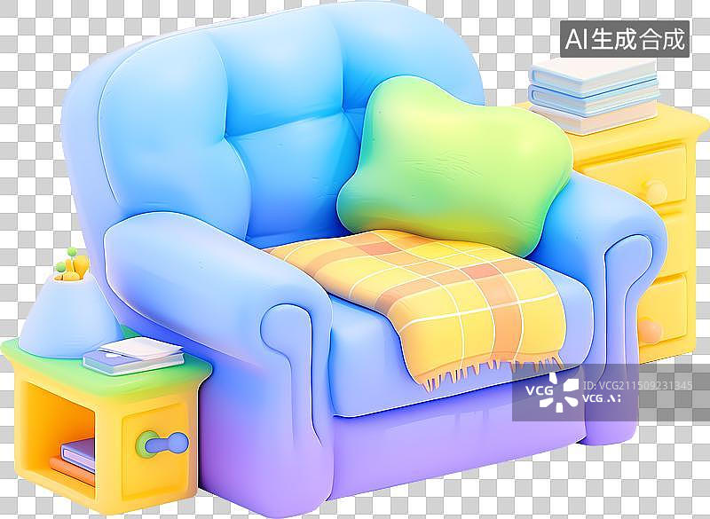【AI数字艺术】紫色担任沙发柜子靠枕毛毯多巴胺配色三维插画图片素材