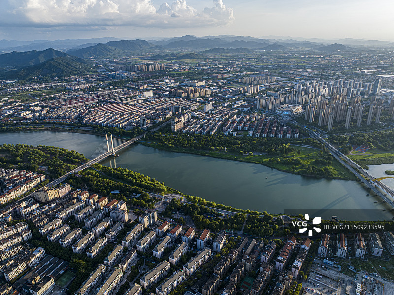 航拍浙江省绍兴市上虞区曹娥江风光图片素材
