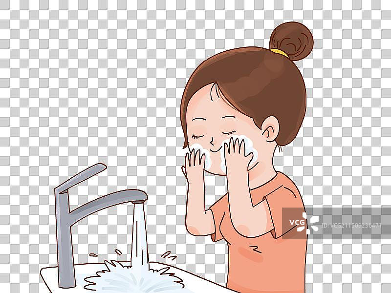 在水龙头前洗脸的女孩图片素材