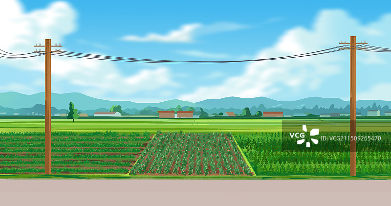 乡村乡下山村村庄村子村落乡村振兴马路公路农田农地种植农作物风景资讯插画图片素材