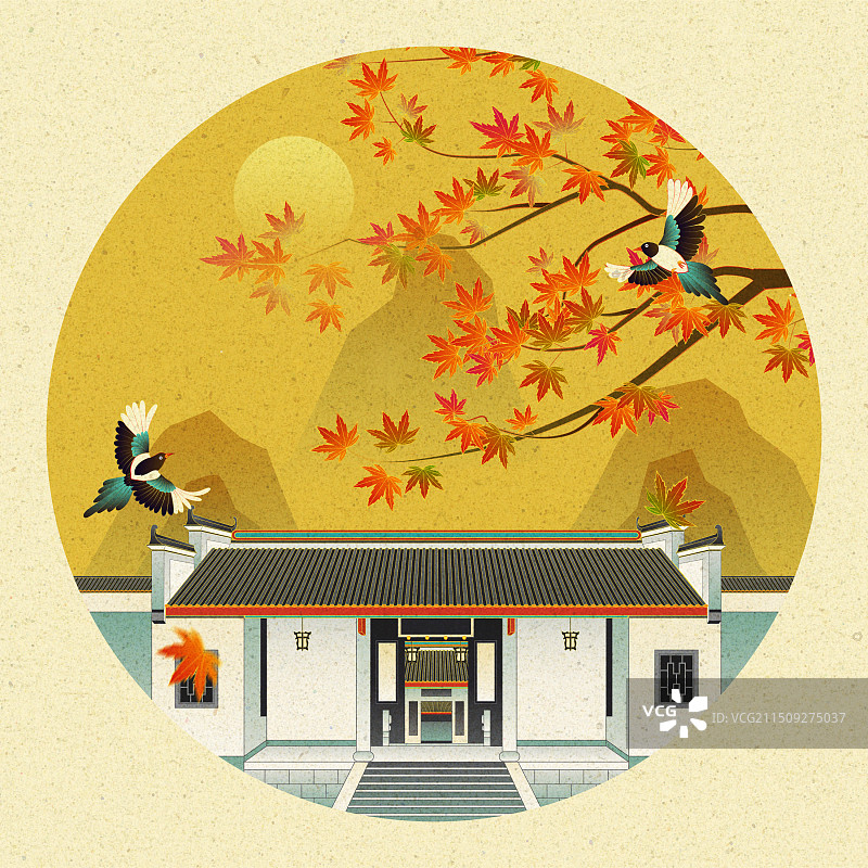 长沙岳麓书院秋天枫叶喜鹊中国风插画图片素材