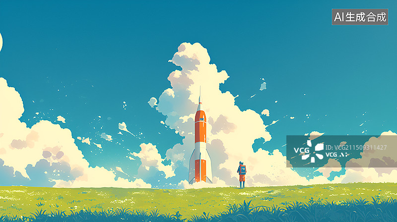 【AI数字艺术】蓝天白云下火箭发射背景插画图片素材