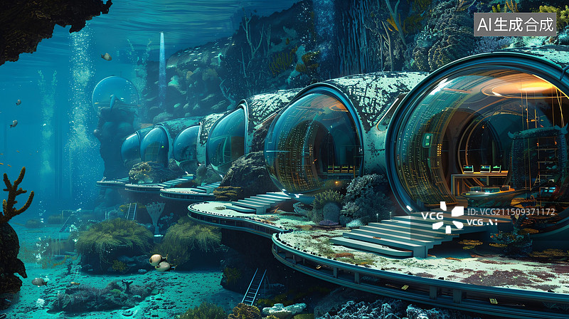 【AI数字艺术】未来深海舱内的科技生活图片素材