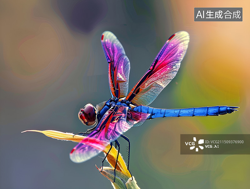 【AI数字艺术】一只彩色的蜻蜓落在植物上图片素材