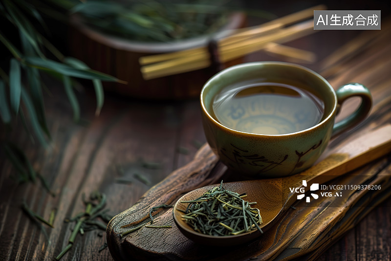 【AI数字艺术】中式茶杯茶具和一勺龙井绿茶图片素材