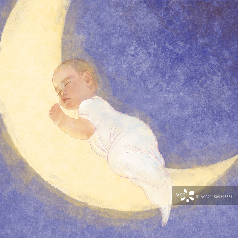 手绘月亮上睡觉的婴儿插画图片素材