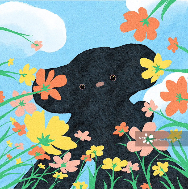 手绘格桑花小狗插画图片素材