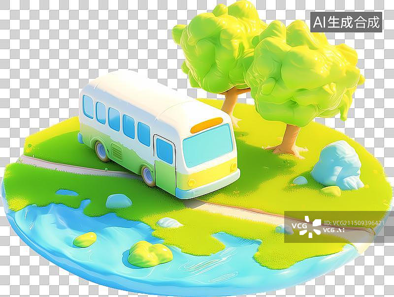 【AI数字艺术】草地路上一辆旅游大巴树木三维粘土插画图片素材