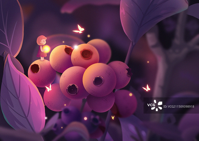 梦幻的小女孩与蓝莓插画图片素材