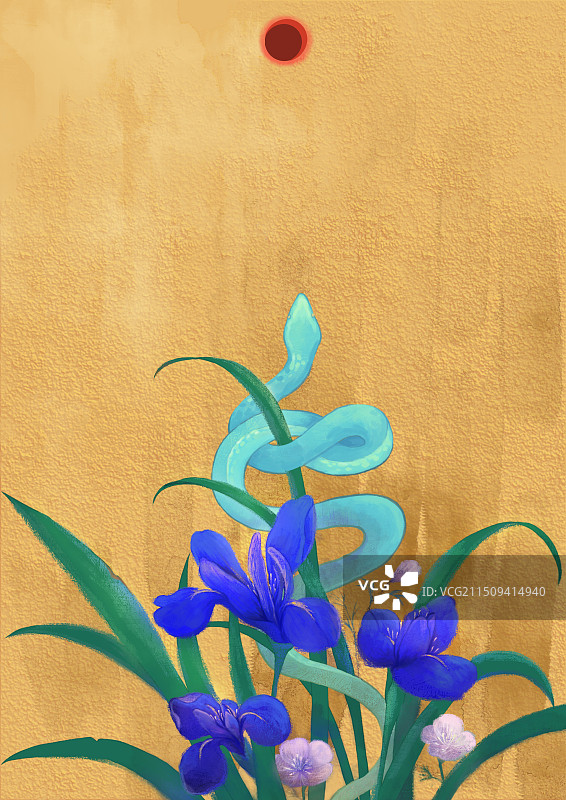 金色背景蛇与花插画图片素材