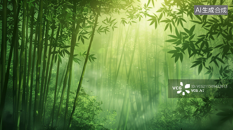 【AI数字艺术】晨雾中的竹林和水面图片素材