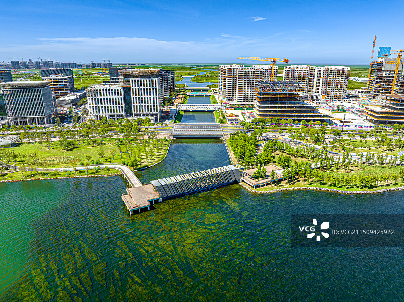 上海临港滴水湖景观桥 F港桥 蓝云港 回廊桥 蓝藻桥 设计灵感源自古代藻井木格栅 湿地公园艺术建筑图片素材