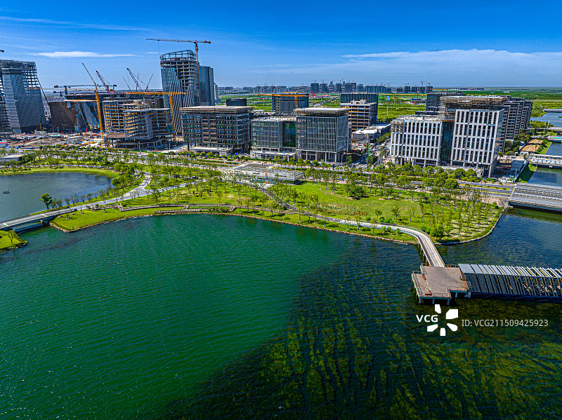 上海临港滴水湖景观桥 F港桥 蓝云港 回廊桥 蓝藻桥 设计灵感源自古代藻井木格栅 湿地公园艺术建筑图片素材