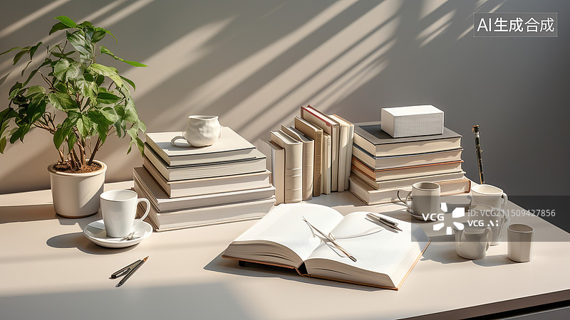 【AI数字艺术】在明亮书房阅读学习书桌上的书籍图片素材