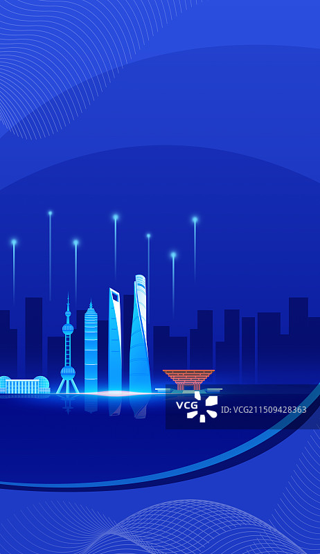 上海蓝色科技未来企业地标旅游中秋国庆年终盛典峰会金融城市建设插画建筑，邀请函设计图片素材