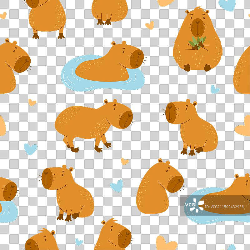 白色背景上可爱水豚无缝图案。图片素材