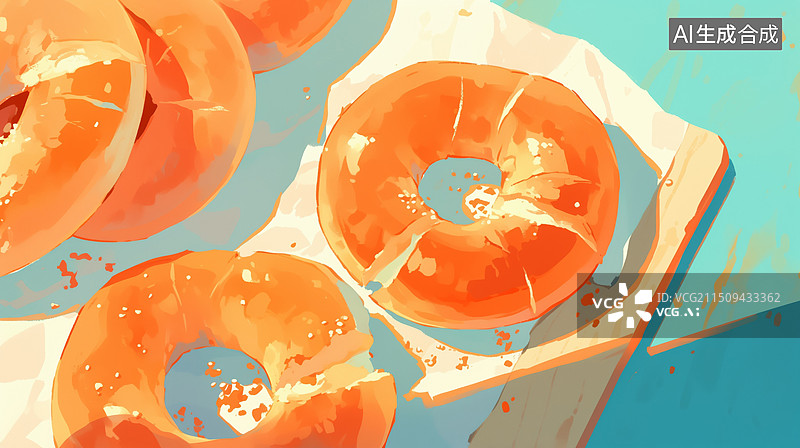 【AI数字艺术】明亮焦黄色新鲜诱人烘焙芝麻面包圈插画绘画图片素材