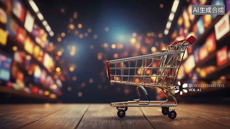 【AI数字艺术】金色购物车梦境：商场内的梦幻之夜图片素材