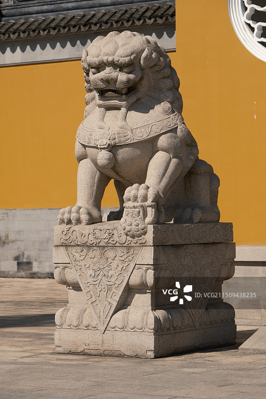 苏州重元寺黄色背景墙前的石狮子图片素材