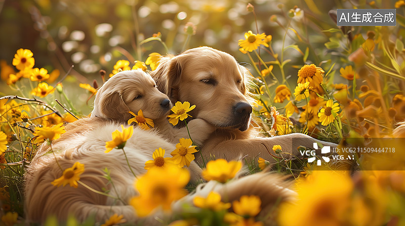 【AI数字艺术】一只金毛寻回犬和小狗一起睡在黄色的花丛中图片素材