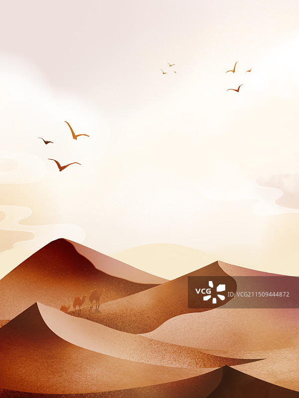 中国风沙漠远山骆驼飞鸟背景图片素材