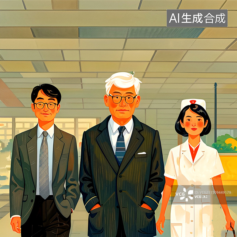 【AI数字艺术】白发老人和中年男士女士同行图片素材