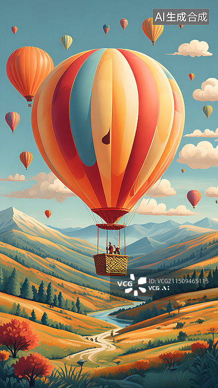 【AI数字艺术】草原上的热气球插画图片素材