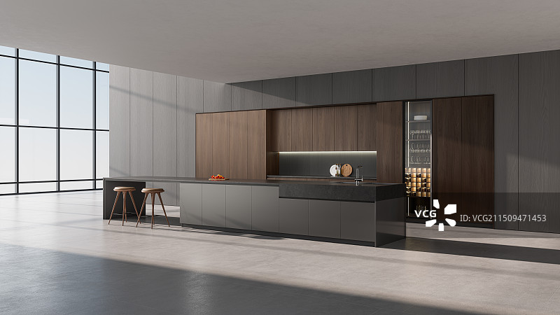 高端深色系木纹简约科技感开放式厨房中岛场景图3d渲染背景侧面图片素材