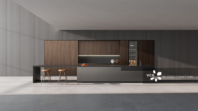 高端深色系木纹简约科技感开放式厨房中岛场景图3d渲染背景正面图片素材