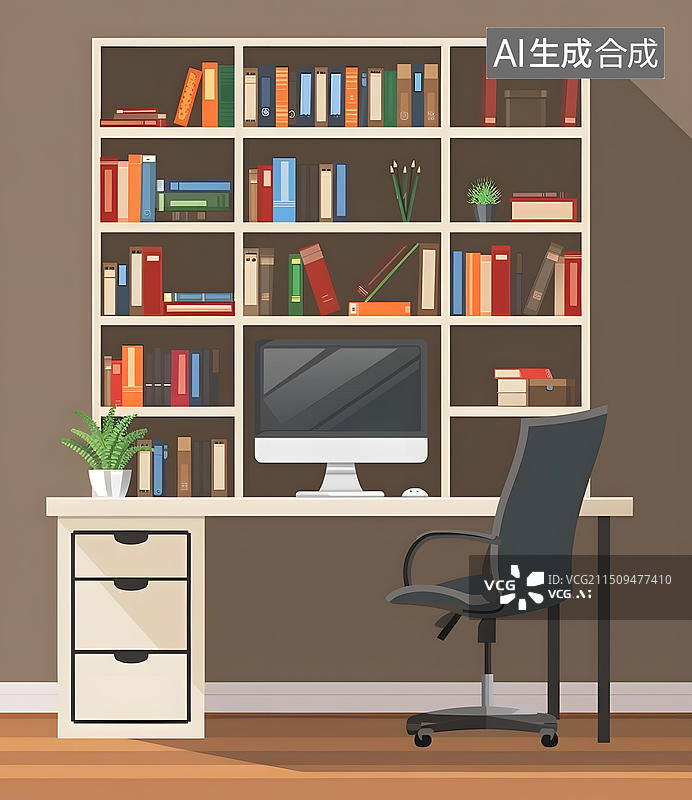 【AI数字艺术】带书架和电脑的家庭办公室书桌图片素材