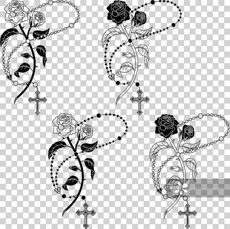 带玫瑰和花瓣的天主教念珠图片素材