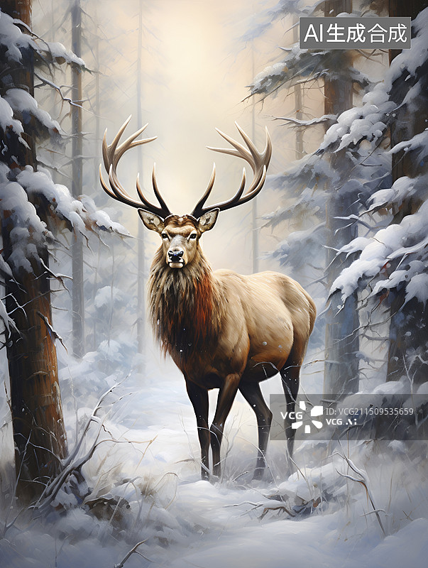 【AI数字艺术】冬天森林里的麋鹿图片素材