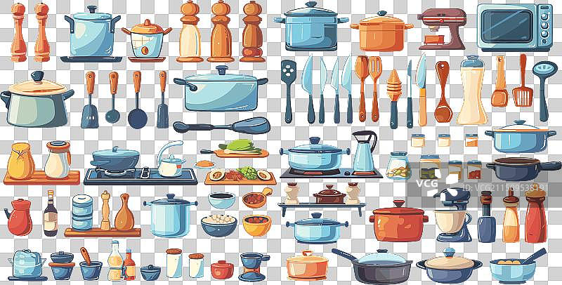 厨房用品卡通套装：锅碗瓢盆图片素材